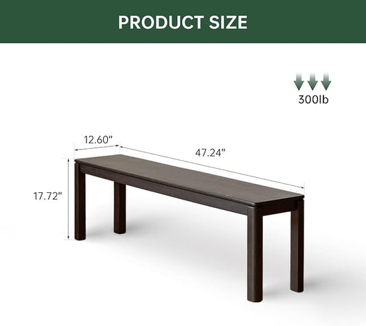 47.2'' 100% Solid Wood Dining Bench, Oak Wood Long Bench for Dining Table, End of Bed, Entryway, Hallway, Sofa Back, Suqare Bench for Dining Room Kitchen Bedroom Living Room, Black