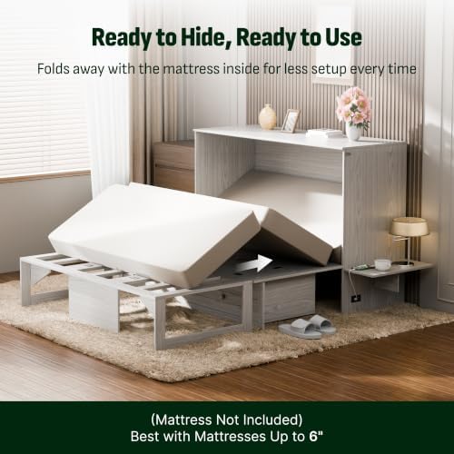 Softa Murphy Bed Cabinet Queen with Drawer and Fold-Down Side Table