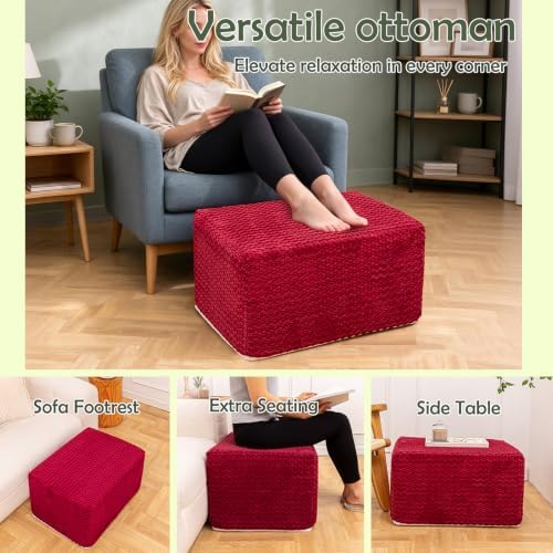 Round Pouf Ottoman Boho Poof Home Decor Floor Pouffe Ottoman Foot Rest for Couch Sofa Bean Bag Chairs Living Room Bedroom (Burgundy, 22x18x14 Inches, Rectangular)