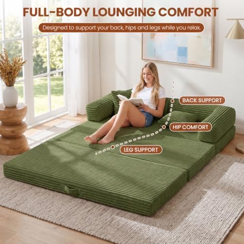 Convertible Sofa Bed, 63" Boneless Couch with Removable L-Shaped Armrests, Corduroy Futon Sleeper Sofa, Tri-Fold Floor Folding Bed for Small Space Bedroom Game Room Apartment Dorm, 2 Pillows