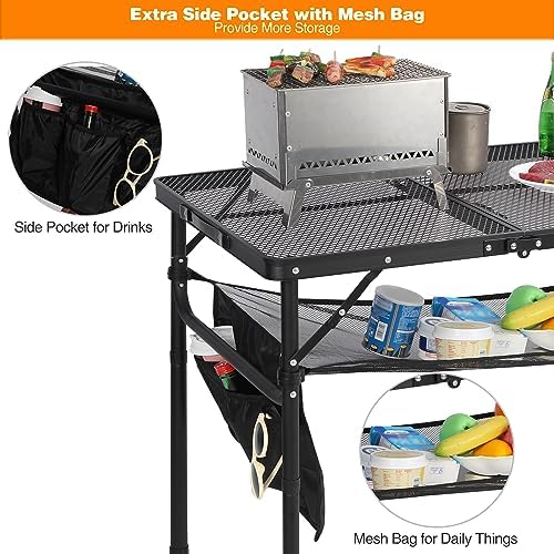 REDCAMP 48x24 Long Folding Grill Table for Outside, Lightweight Portable Double Layer Metal Aluminum Outdoor Grill Table with Adjustable Height Legs, Great for Camping Picnic Cooking BBQ, Black 4ft