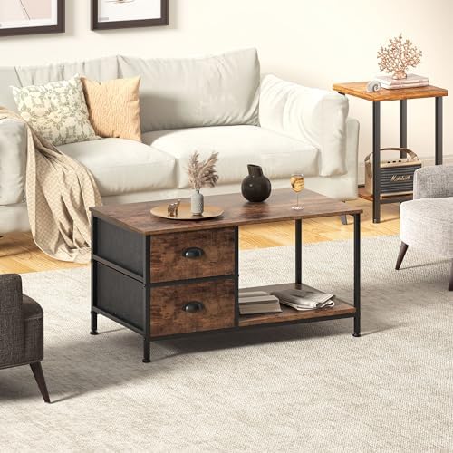 SENIG Small Coffee Table with Drawers for Living Room 31.5 Inch Brown Oak