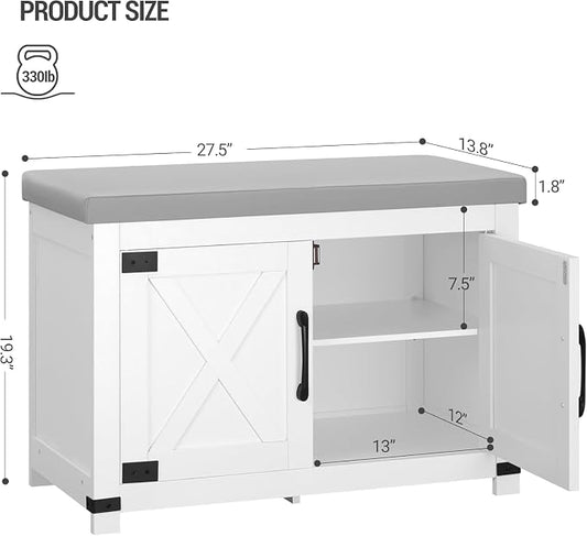 Hzuaneri Shoe Storage Bench, 2 Tier Shoe Bench with Padded Seat Cushion & 2 Barn Doors, Entryway Bench with Adjustable Shelf, Farmhouse Shoe Cabinet for Living Room, Bedroom, White SB26203GY