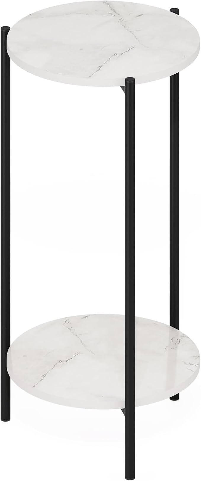 Furinno BESI Night Stand, 2-Tier Tall Round Nightstand with Metal Legs, Metal Frame Narrow End Table with Open Shelf, Side Table, Bedside Table, for Bedroom, Closet, Dorm, Marble White