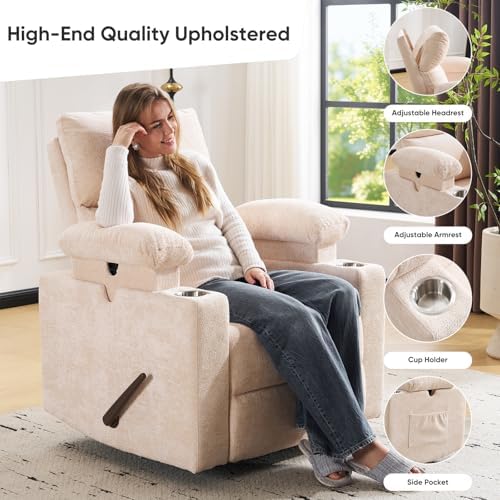 Swivel Rocker Recliner with Adjustable Armrests, Rocking Nursery Chair with Adjustable Headrest, Cup Holder, Manual Recliner Nursing Chair, Chenille Beige