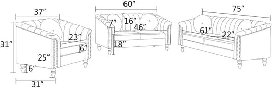 Sectional Sofa Set, Microfiber Chesterfield Upholstered Sofas Loveseat Couch Chair Sets with Style Button Tufted, Scroll Arms and Nailhead for Living Room, Office, Apartment-Black,3PCS