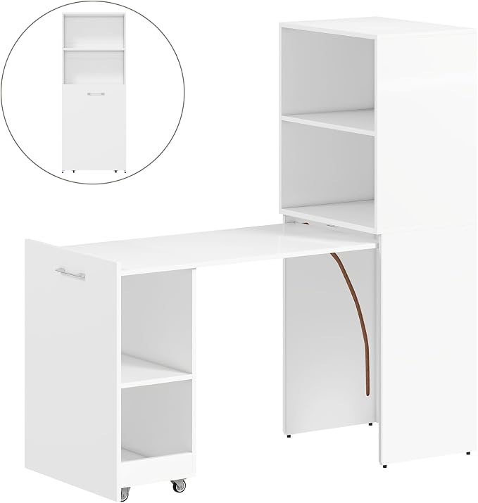 Zevemomo Folding Desk with Storage, Convertible Table with Shelves & Wheels, Craft Cabinet with Fold Out Table, Compact Computer Desk for Small Space, Reversible L Shaped Desk - White