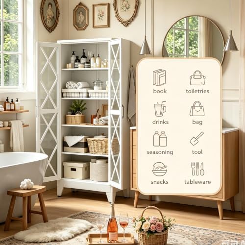 71"H White Pantry Kitchen Cabinet with Doors,Black Storage Cabinets,Freestanding Pantry Cabinet,Farmhouse Food Storage Cabinets,Tall and Large Pantry Cabinets for Kitchen, Dining Room, Living Room