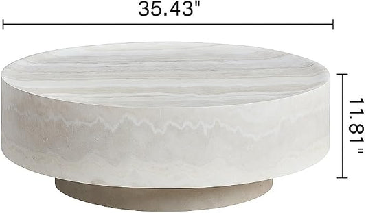 35.43" Modern Coffee Table Faux Marble Round Coffee Tables, Fiberglass Drum Center Table, Accent Low Circle Coffee Table Stone, Minimalist Sofa Side End Table for Living Room Apartment Office