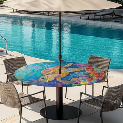 Turtle Outdoor Round Fitted Tablecloth with Umbrella Hole Zipper 45-56