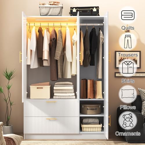 Squireewo Fluted Style 3 Doors Wardrobe Closet Armoire with Mirrors and LED Lights, 70.3" H Modern Wooden Bedroom Armoires with 2 Drawers, Large Capacity Freestanding Armoire, White