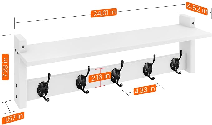 Homode Coat Rack with Shelf Wall Mount, 24 Inch Long Wall Shelf with Hooks Underneath, Wood Hanging Coat Hanger with Hat Shelves for Entryway, Bathroom, Mudroom, White