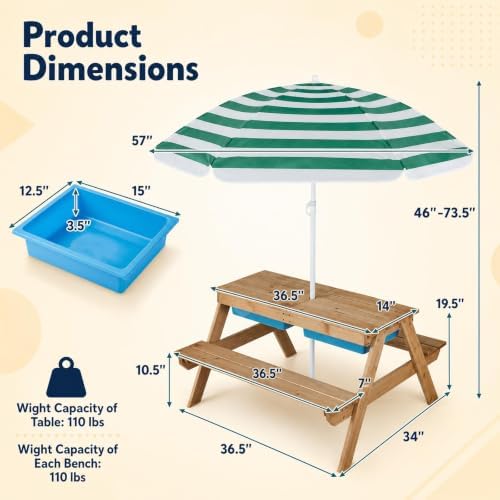 HONEY JOY Kids Picnic Table, 4 in 1 Cedar Wooden Sand & Water Table w/ 3 Removable Box & Umbrella, Kids Picnic Tables for Outdoors Backyard Garden, Toddler Patio Furniture Set for Boys Girls(Green)