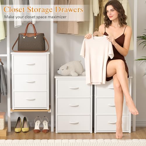 2-Pack Stackable Storage Drawers (6 Drawers Total), White Closet Drawers Organizer for Clothes with Wooden Top & Metal Frame, Freestanding or Stackable Dresser for Bedroom, Living Room, Under Bed