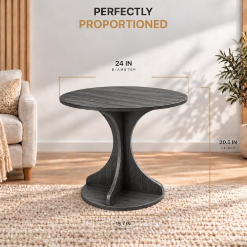 24in Large Round Side Table, Modern Minimalist Accent End Table with Curved Tripod Base, Compact Round Sofa Side Table, Easy Assembly Coffee Table for Living Room Bedroom Balcony-Gray Oak