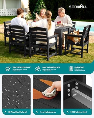 SERWALL 59" HDPE Outdoor Dining Set for 6, w/ 1 Table & 6 Armchairs, Black