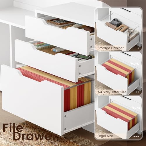 SEDETA 59" L Shaped Standing Desk with 3 Drawers Storage and Bookshelves