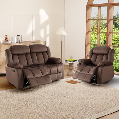 INZOY Manual Reclining Sofa Set, Included Manual Single Recliner Chair and Wall-Hugger 2 Seat Recliner Loveseat, Modern Double Reclining Sofa Couch for Living Room Furniture, Brown, 1+2