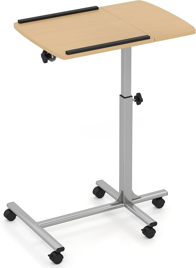 Tangkula Mobile Overbed Table Couch Table, Rolling Angle & Height Adjustable Laptop Stand Cart, Laptop Desk with Smooth & Lockable Wheels, Tray Table for Bed Sofa Side (Natural)