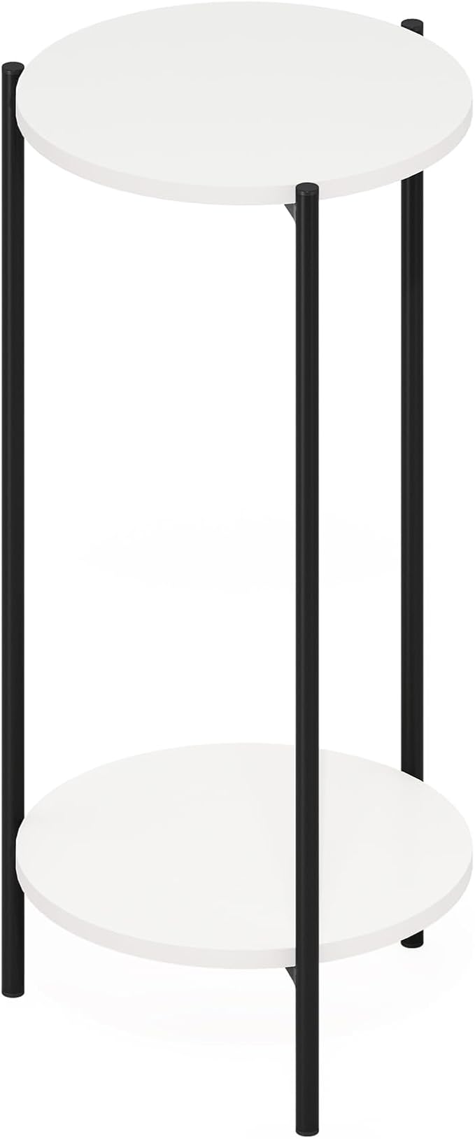 Furinno BESI Night Stand, 2-Tier Tall Round Nightstand with Metal Legs, Metal Frame Narrow End Table with Open Shelf, Side Table, Bedside Table, for Bedroom, Closet, Dorm, White