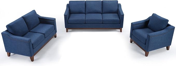 HAOMARKETS Modern 3 Piece Sofa Set with Rivets, Included Fabric Accent Chair, Loveseat 2-Seater Sofa and Upholstered 3-Seater Couches with Solid Wood Legs, Living Room Furniture Set,Blue