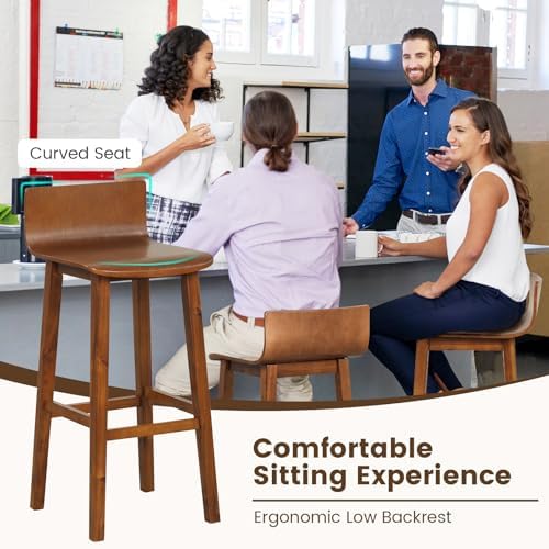 GIANTEX 29" Bar Stools Set of 2, Bar Height Bar Stools w/Low Back & Footrest, Farmhouse Wooden Bar Dining Chairs, Armless Wood Barstools for Kitchen Island, Pub, Cafe, Breakfast, Brown
