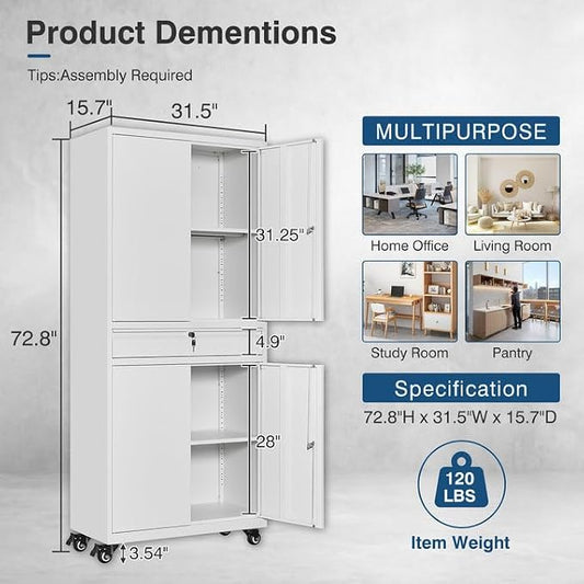 White Metal Storage Cabinet with Wheels, 73" Tall Garage Rolling Storage Cabinets with Doors and Shelves, Lockable Tool Caninet Steel Locking Cabnets for Home Office, Garage, Pantry