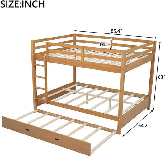 Merax Queen Size Bed with Trundle - Space-Saving Solid Wood Frame, Built-in Safety Rails and Ladderm, Wood