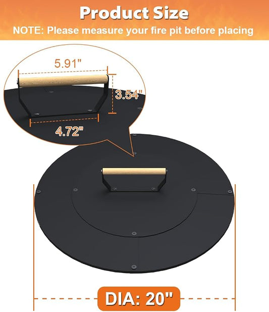20" Wooden-Handle Fire Pit Lid for Pits up to 18", Round Metal Bonfire Pit Burner Pan Cover, Smokeless Fire Pit Cover for Fire Tables, All-Weather Resistance Outdoor Firepit Accessory