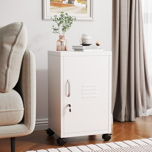 Metal Mobile File Cabinet with Lock,Under Desk Metal Vertical Filing Cabinets with Shelf and Wheels for Home Office Organizer Letters/Legal Size, White (Required Assembly)