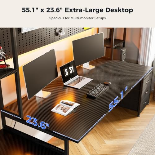 AODK 79 Inch Gaming Desk with Shelves & DIY Pegboard, PC Desk with Drawers