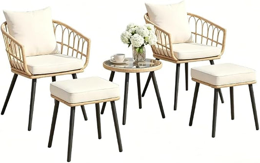 5 Piece Patio Furniture Set, Outdoor Wicker Small Conversation Bistro Set, All-Weather PE Rattan Chairs with Ottoman & Coffee Table, Ideal for Balcony Porch Deck Yard Poolside