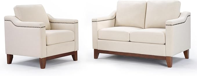 HAOMARKETS 2 Piece Fabric Sofa Set with Nailhead Trim, Included Fabric Accent Chair with Thicked Cushion, Upholstered Loveseat with Solid Wood Legs, Living Room Furniture Set,Beige