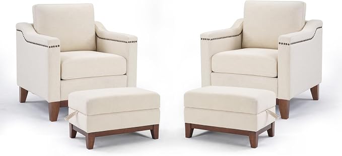 HAOMARKETS 4 Piece Fabric Sofa Set with Nailhead Trim, Included 2 Comfy Accent Chair with Thicked Cushion and 2 Upholstered Storage Ottoman with Flip-Top Table, Living Room Furniture Set,Beige