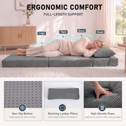 Folding Sofa, Convertible Chair, Comfy Floor Couch Lounge Sofa for Adults Portable Fold Out Chair for Living Room, Gray