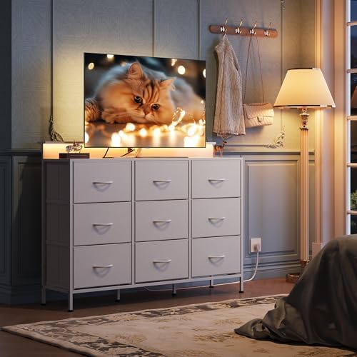 WLIVE White Dresser TV Stand for 45, 50, 55 inch TV, Entertainment Center with LED Lights & Charging Station, Chest of drawers with 9 Fabric Drawers and Open Shelves for Living Room, Hallway, Wood Top