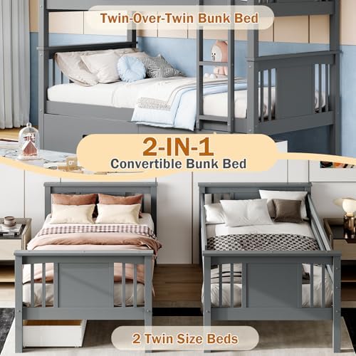 FUQARHY Solid Wood Twin-Over-Twin Bunk Bed with 2 Storage Drawers