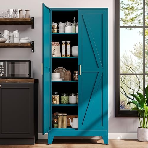 71" H Blue Metal Pantry Cabinet with Doors,Freestanding Kitchen Pantry Cabinet,Farmhouse Food Storage Cabinets,Tall and Large Pantry Cabinets for Kitchen, Dining Room, Living Room