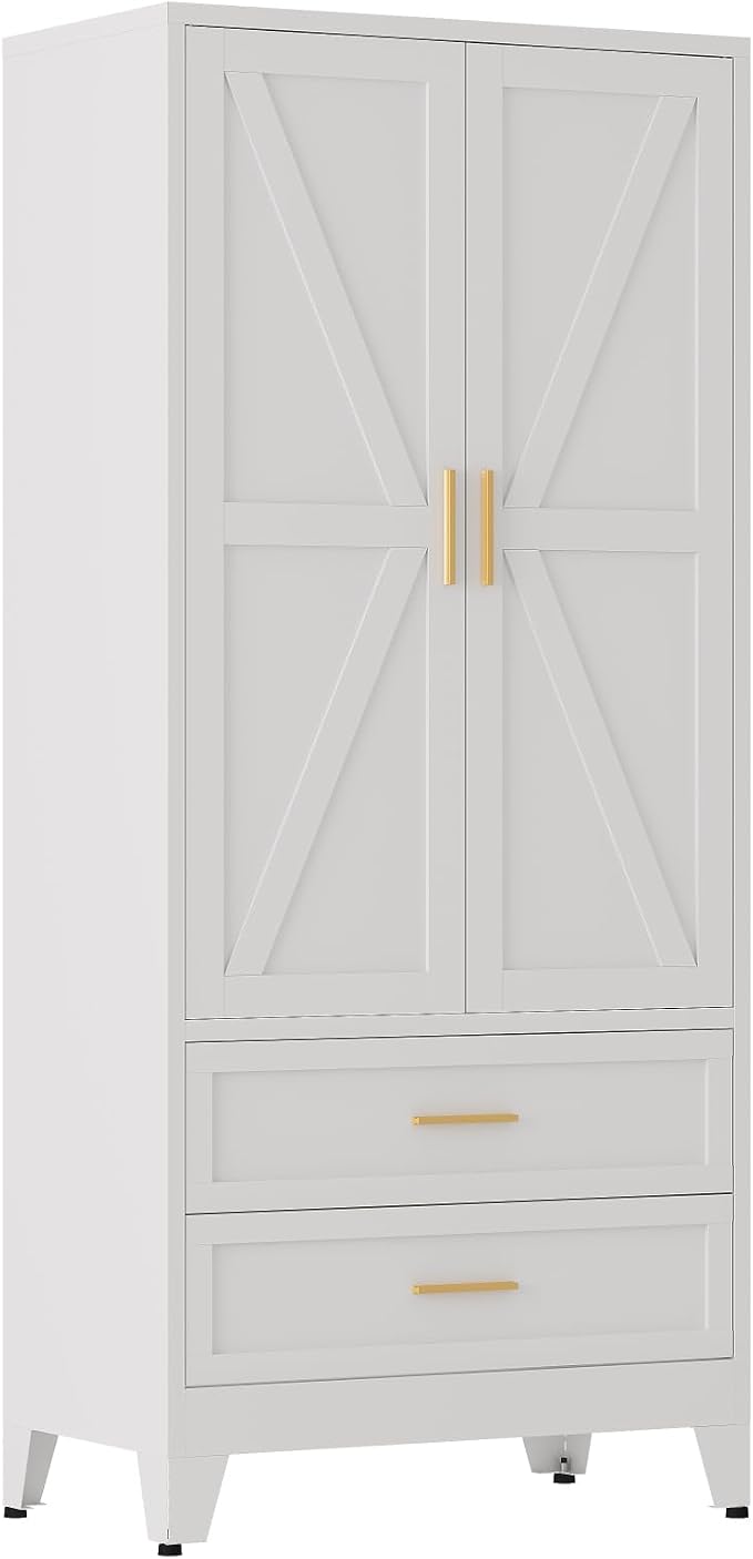 QINPTWUT 71" Tall Metal Wardrobe with Doors, Hanging Rod & Adjustable Shelf, Freestanding Steel Armoire for Bedroom Home Office, 2-Drawer White