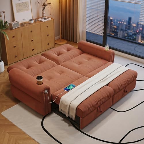 Convertible Couches, Queen Size Pull Out Sofa Bed with USB Charging Port and Cup Holders, Chenille Fabric Convertible Sofa Bed for Small Space, Living Room, Apartment, Guest Room, Orange