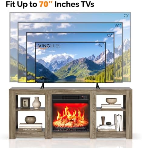 VINGLI 58" TV Stand with Fireplace for up to 65 inch TVs, Gray Oak