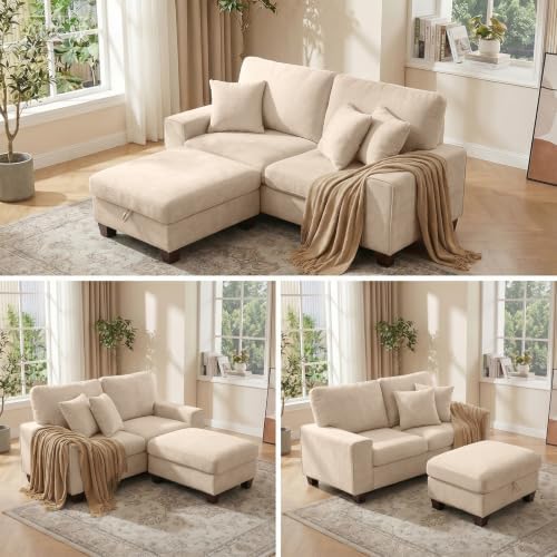DOPEDIO 88.58" L-Shaped Sectional Couch with Storage Ottoman, Beige