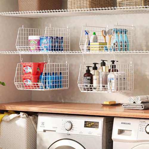 4" Extra Deeper Foldable Hanging Closet Organizer, Small Wire Cabinet Shelves and Storage with 5 S Hooks,4 Tier Metal Basket Bins for Clothes Sweaters Handbags, Wardrobe for Kitchen Laundry Room,White
