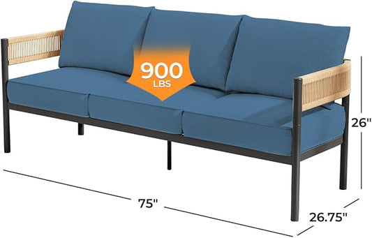Gand Patio Outdoor 3-Seat Couch Sofa, Wicker Conversation Set with Thick Cushion for Porch, Garden, Yard (Peacock Blue)