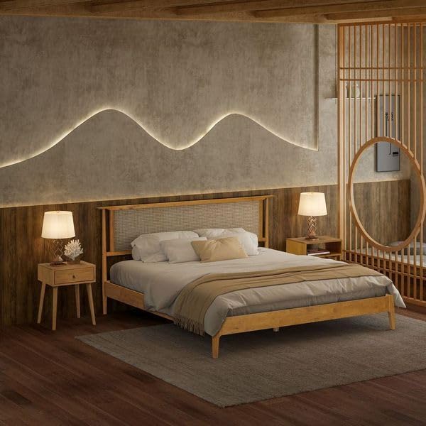 NTC Ruby Wooden Bed Frame with Headboard and Natural Rattan, Solid Oak/Rubber Wood Foundation with Silent Slats, 1000 Lb Capacity, Effortless Assembly - King - Rustic Oak