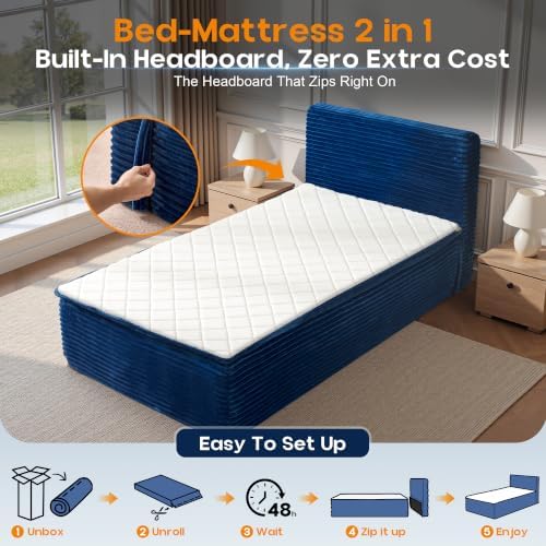 Twin Boneless Bed with Frame Mattress & Headboard, No Assembly, Blue