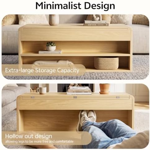 Dual Lift Top Coffee Table with Bench and Round Edge, 40'' Natural