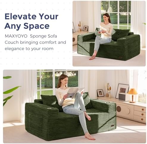 MAXYOYO 63" Boneless Loveseat Sofa Couch for Small Spaces, Mini Love Seat Floor Couch with Cup Holders and Pillows, 2-Seater Upholstered Cloud Couch for Bedroom Apartment, No Assembly Required