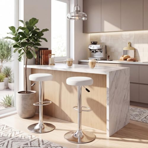 GIANTEX Bar Stool Set of 1, Adjustable Height PU Leather Bar Chair with Swivel Padded Seat, Footrest & Anti-Slip Base, Modern Backless Barstool for Kitchen, Pub Dining Room, Breakfast, Warm White