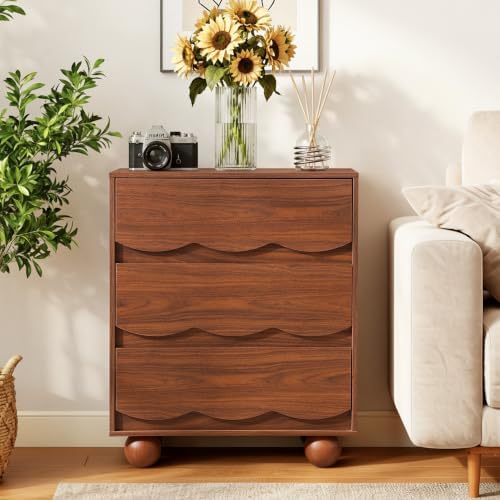 Walnut Scalloped 3 Drawer Nightstand Set of 2 for Bedroom Dorm